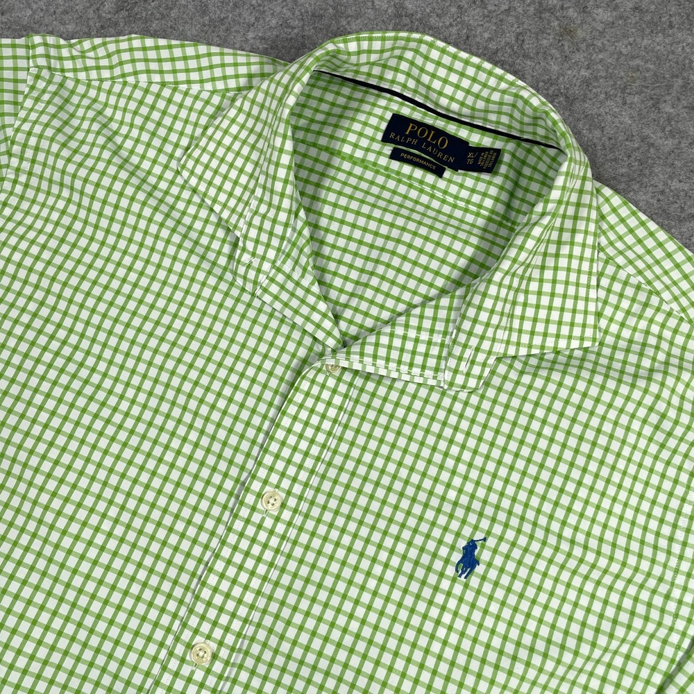 Polo Ralph Lauren Mens Button Front Shirt XL Green Gingham Performance Stretch